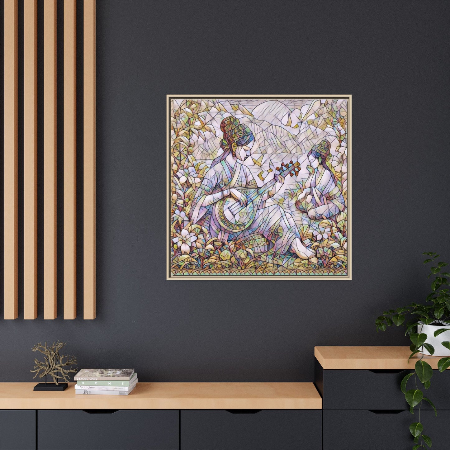 Framed Matte Canvas Art - Vintage Asian Musicians Floral Illustration