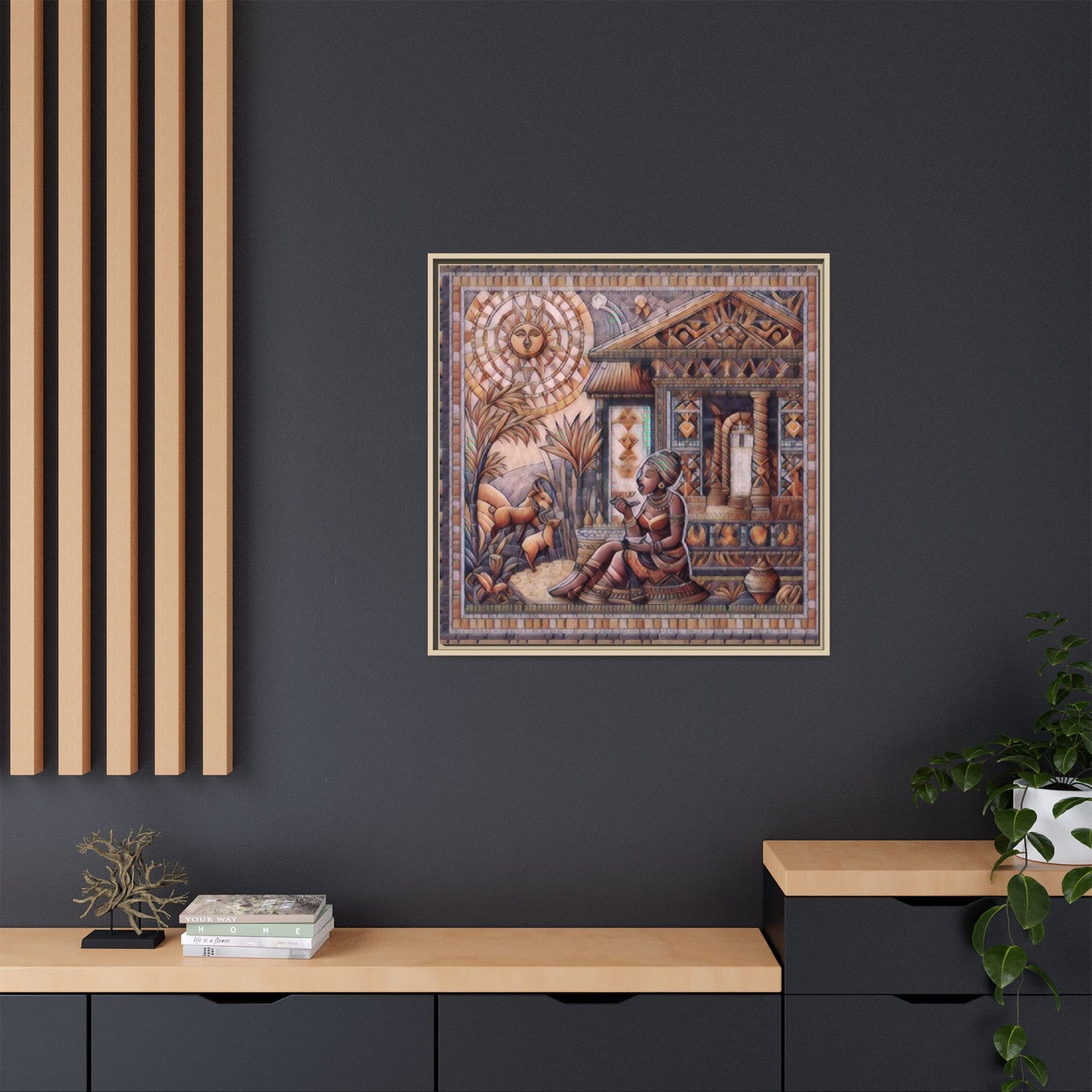 Egyptian Goddess Mosaic Framed Canvas Art — Colorful Ancient Ritual Wall Decor