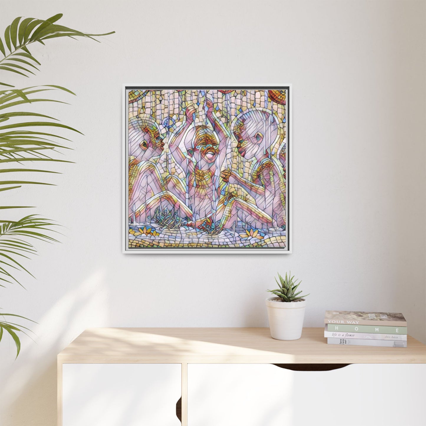 Framed Matte Canvas Art — Mosaic Children Playing (Multicolor)