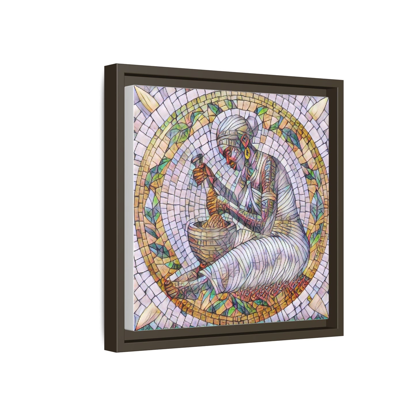 Framed Mosaic Art Print — Woman Grinding Grain (Matte Canvas)