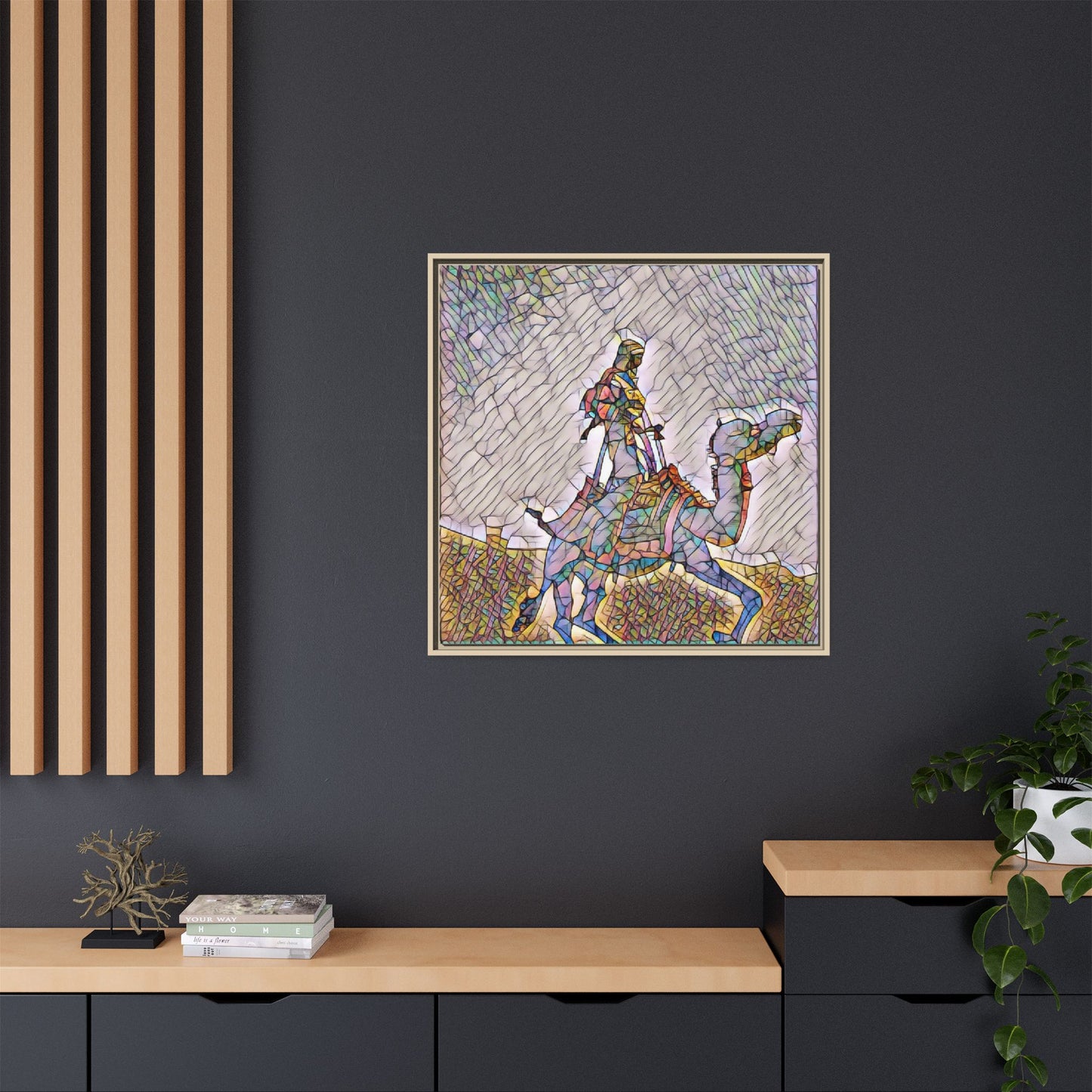 Framed Camel Rider Matte Canvas Art — Colorful Mosaic Desert Wall Decor