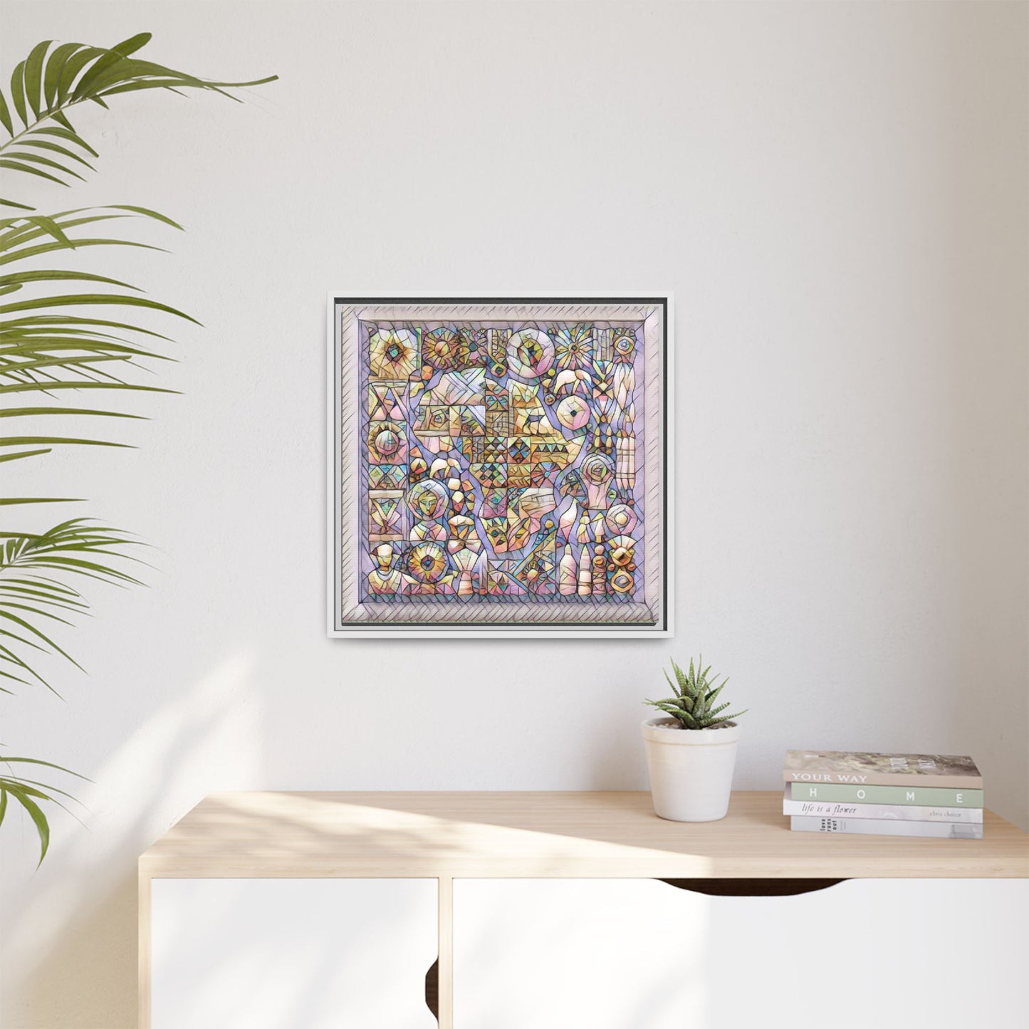 Framed Abstract Mosaic Matte Canvas Art — Pastel Geometric Wall Decor
