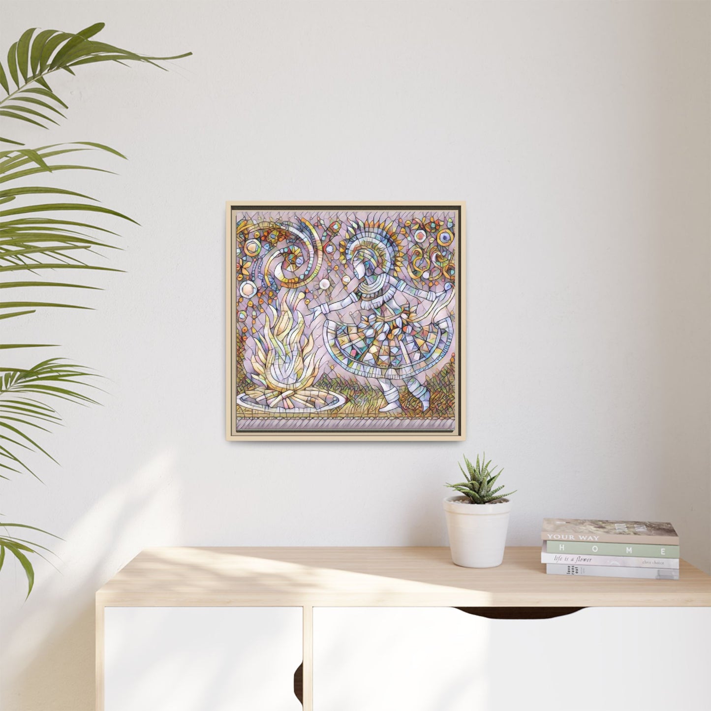 Bohemian Fire Dancer Framed Canvas Art — Colorful Folk Mosaic Wall Decor