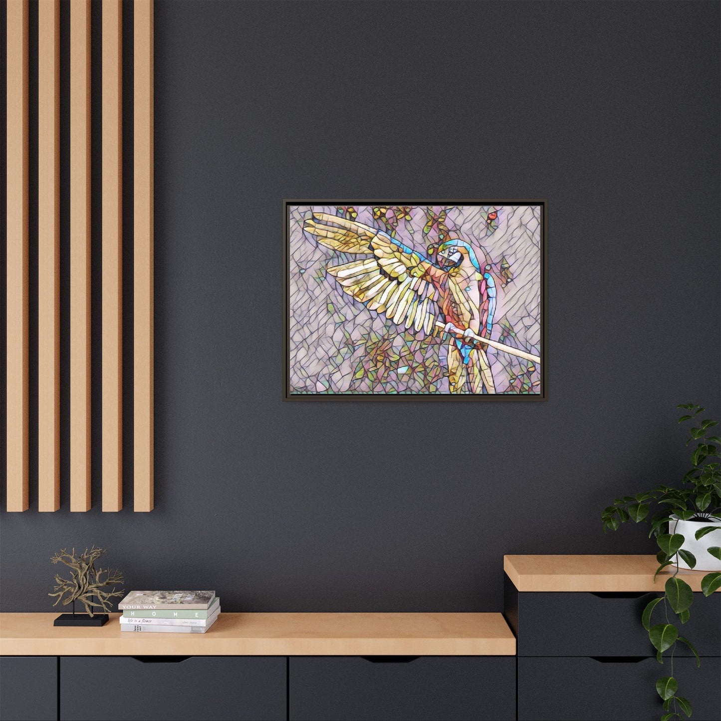 Framed Parrot Stained-Glass Art Print — Matte Canvas Wall Decor