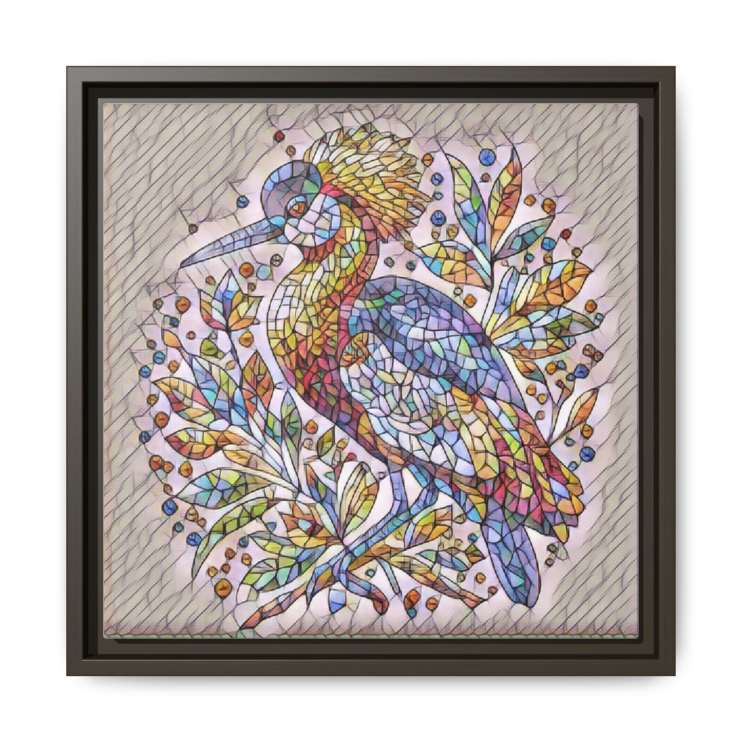 Colorful Stained-Glass Heron — Framed Matte Canvas Wall Art