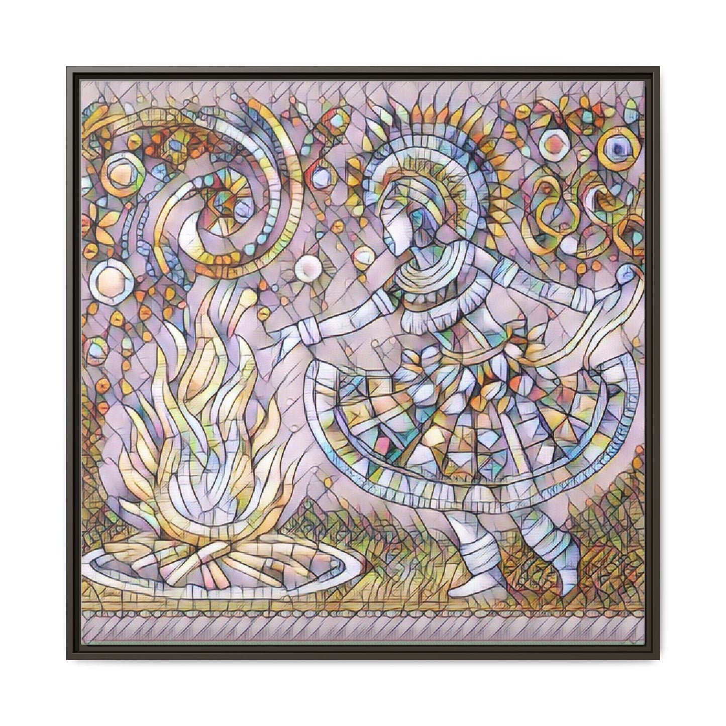 Bohemian Fire Dancer Framed Canvas Art — Colorful Folk Mosaic Wall Decor