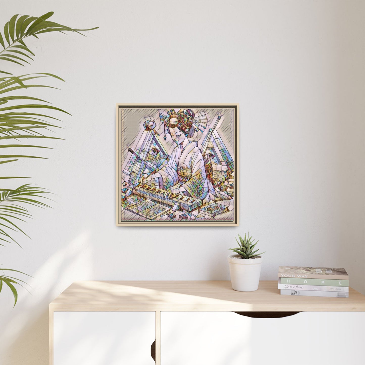 Framed Matte Canvas: Stained-Glass Geisha Wall Art