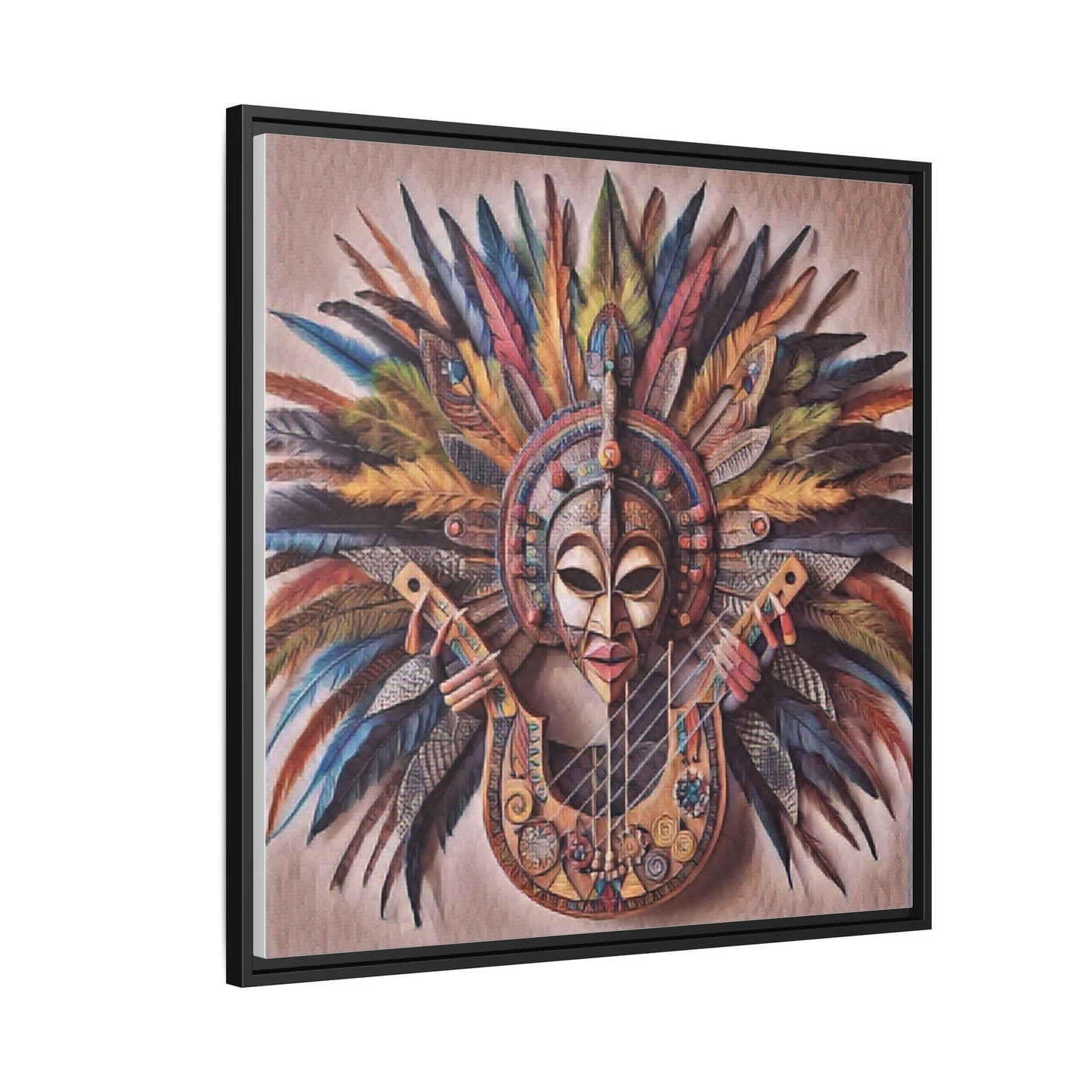 Tribal Feather Mask Guitar Framed Canvas Art — Colorful Boho Wall Decor