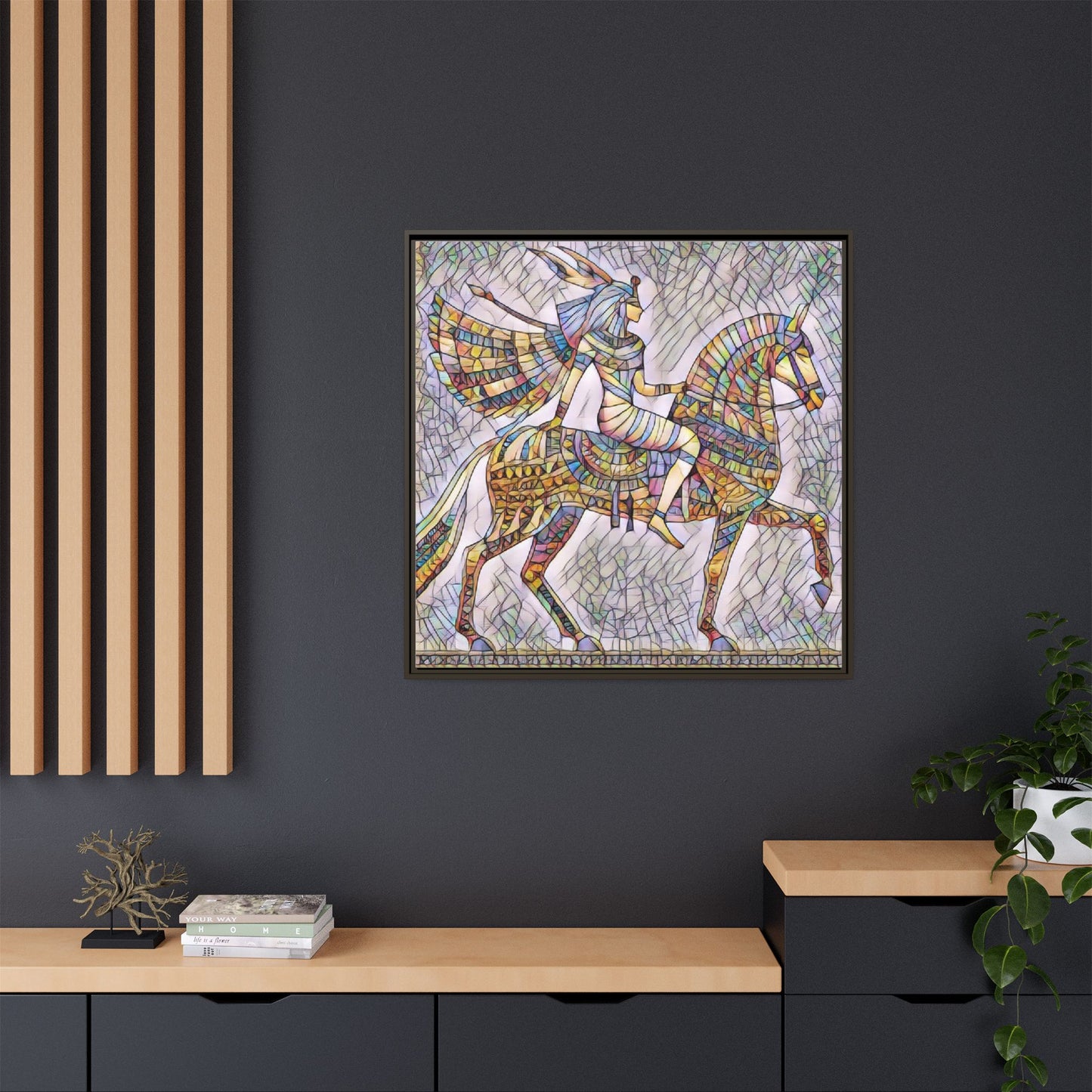 Stained-Glass Style Egyptian Horseman Framed Canvas Print