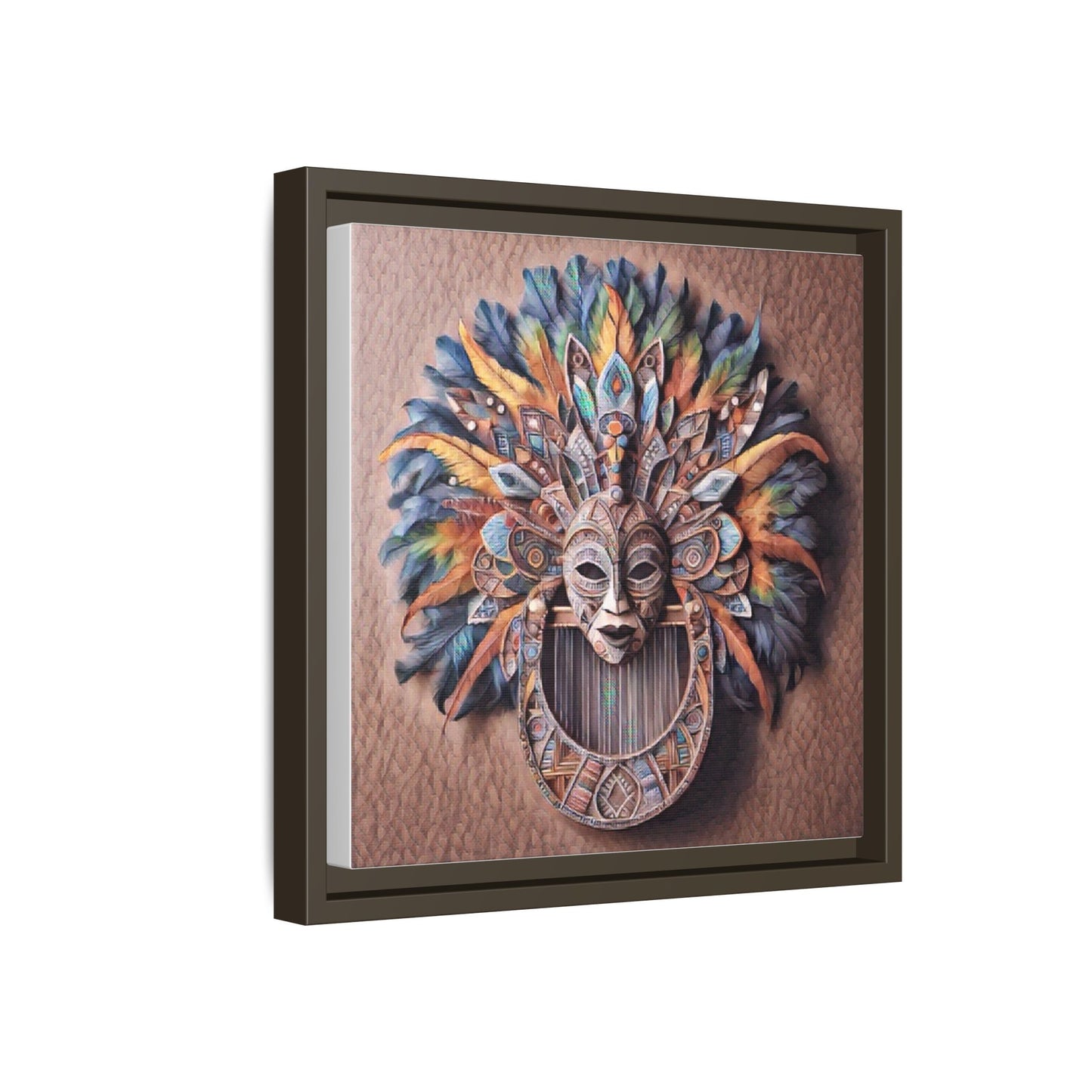 Tribal Feather Mask Framed Canvas Wall Art — Colorful Boho Decorative Print
