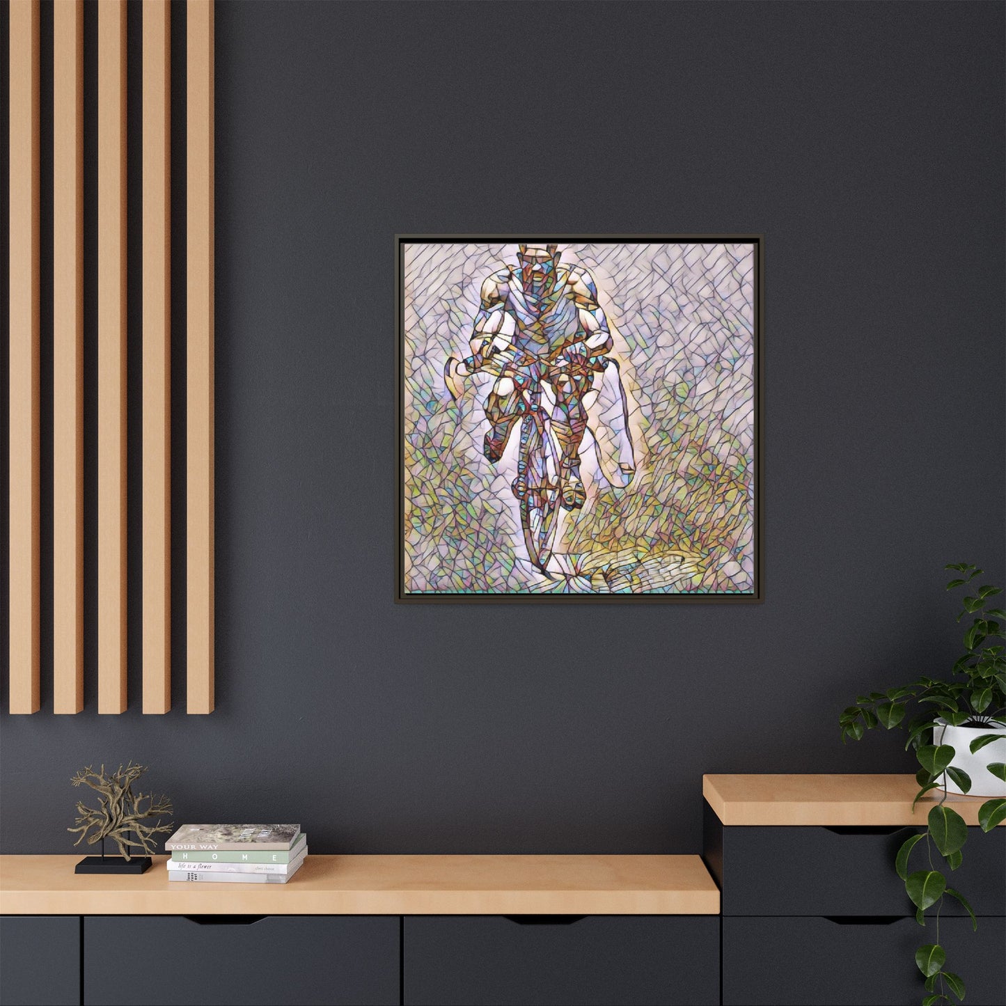 Cyclist Art Print — Framed Matte Canvas Wall Art (Multicolor Stained-Glass Style)