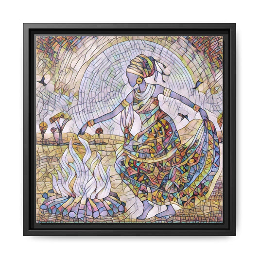 Framed Canvas Wall Art — Colorful Mosaic Woman by Campfire