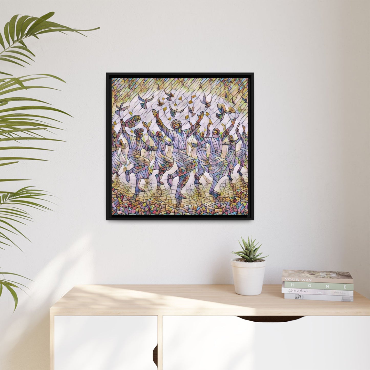 Framed Canvas Art - Joyful Dancers with Doves (Multicolor)