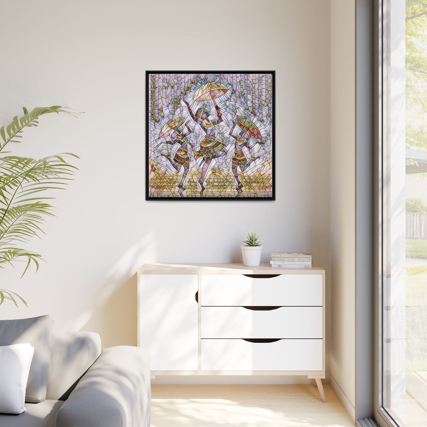 Colorful African Dance Framed Canvas Art — Umbrella Dancers Wall Decor