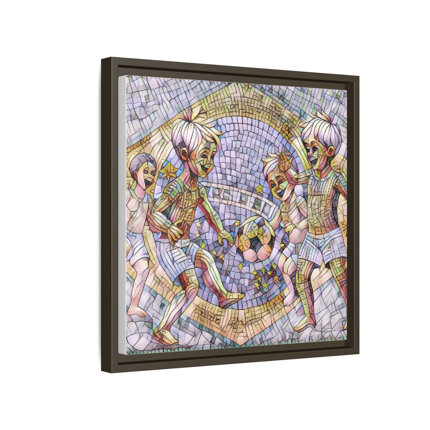 Framed Matte Canvas – Vintage Mosaic Kids Playing Soccer Art