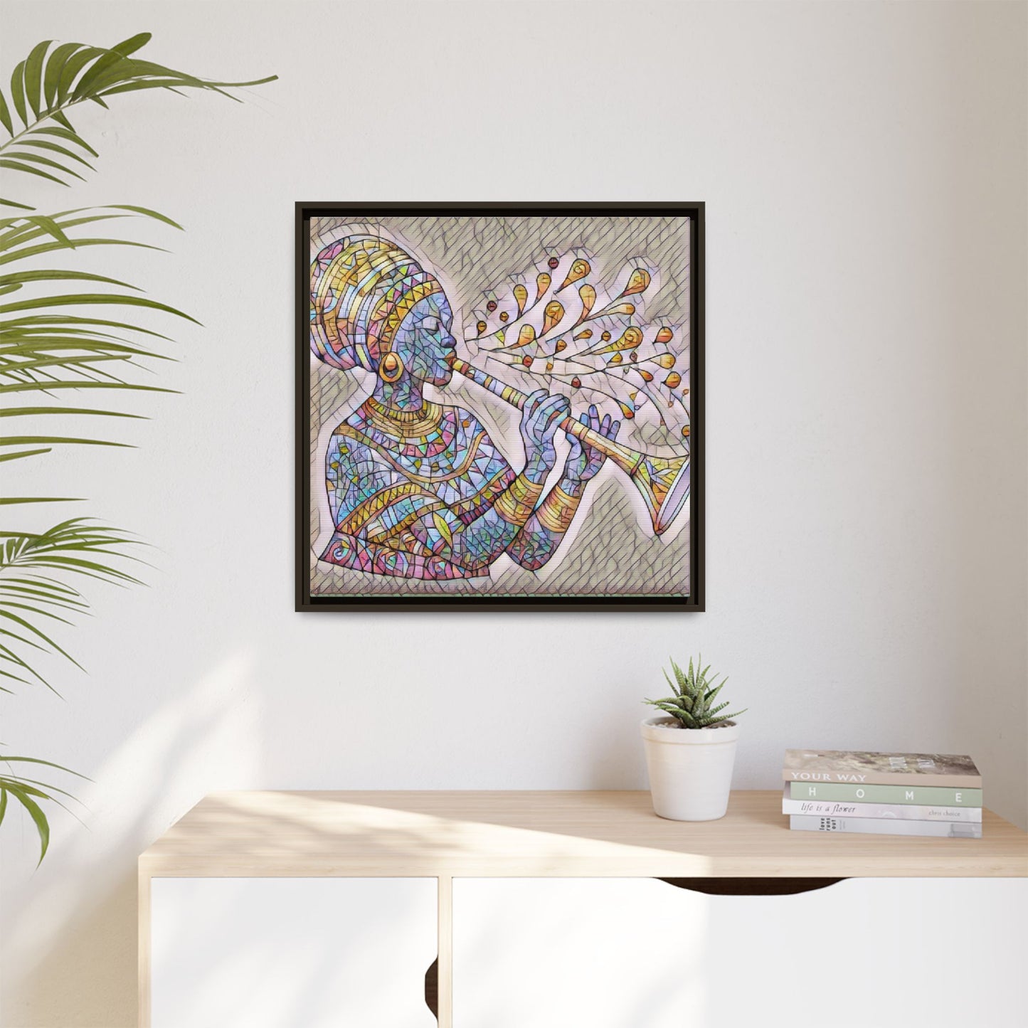 Framed Matte Canvas Art – Colorful African Musician Trumpet Print