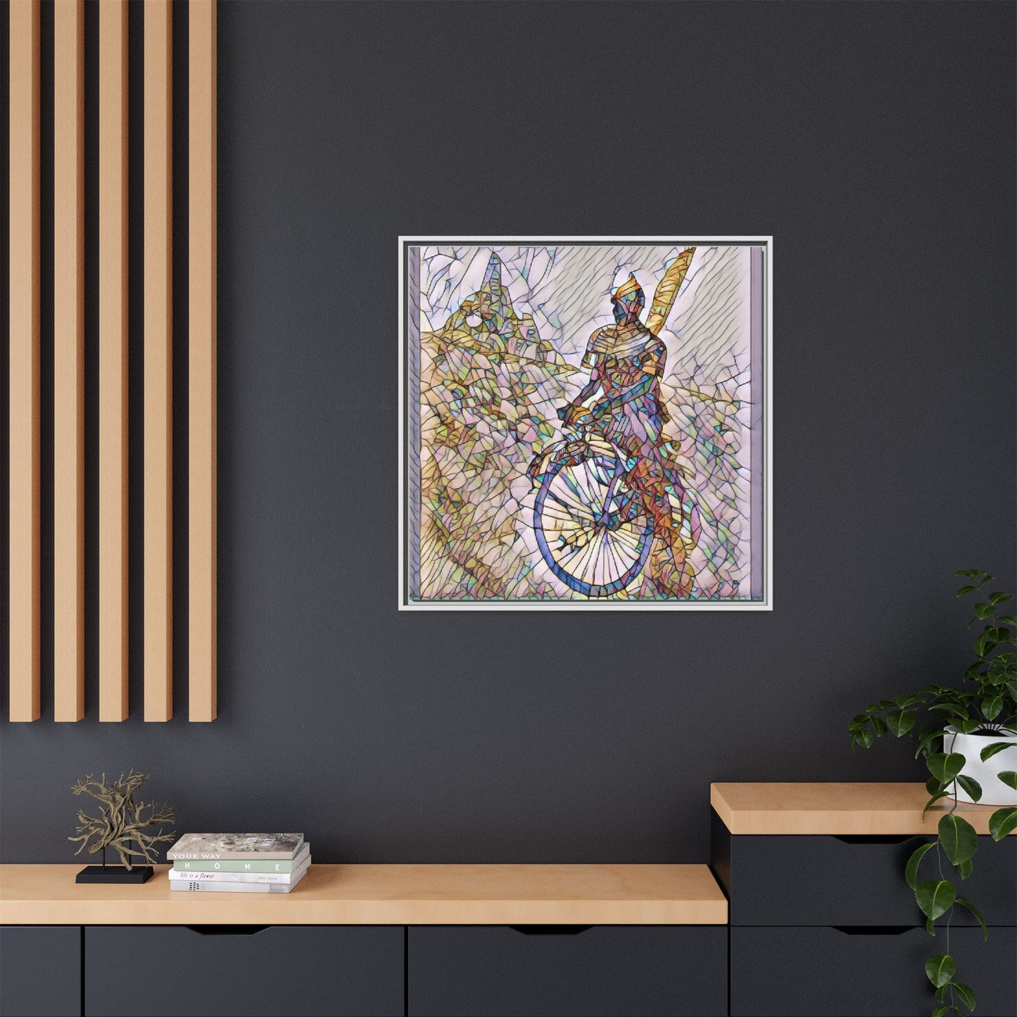 Cyclist Stained Glass Art Print — Framed Matte Canvas
