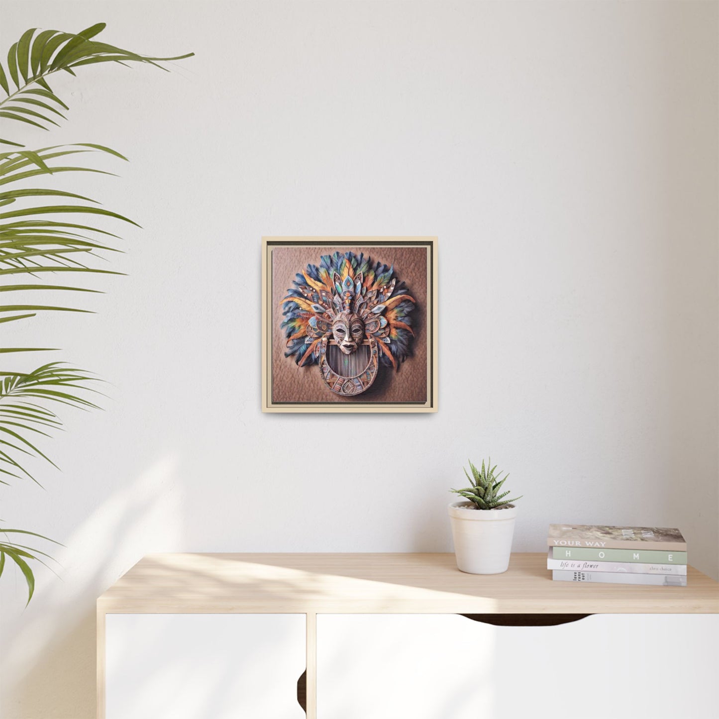 Tribal Feather Mask Framed Canvas Wall Art — Colorful Boho Decorative Print