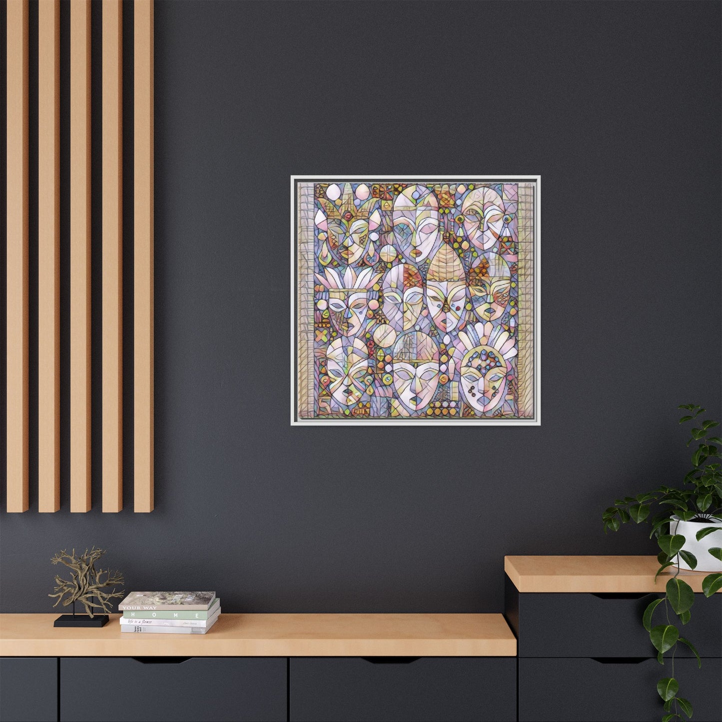 Framed Abstract Mask Art Canvas — Multicolor Stained-Glass Faces Wall Decor