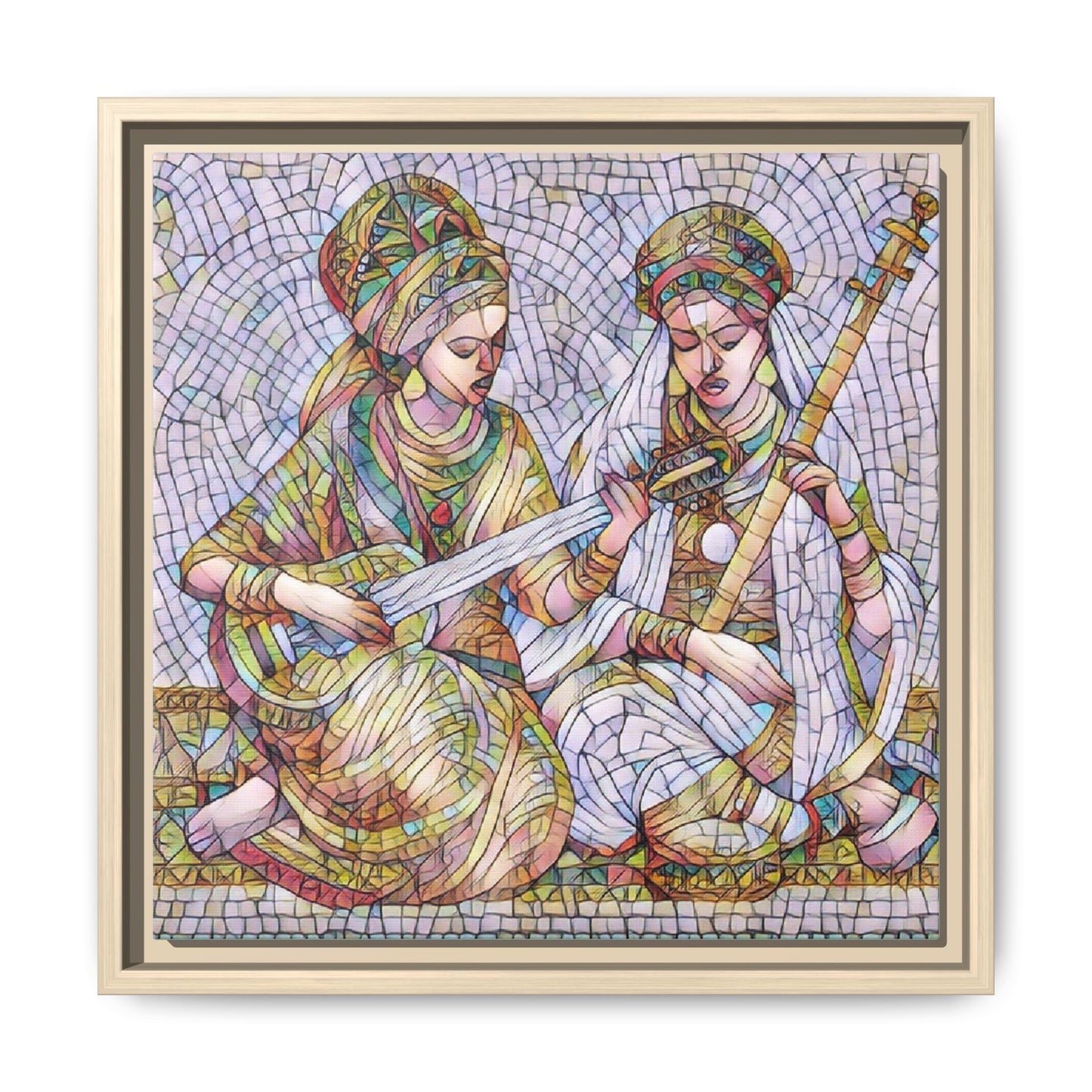Framed Mosaic Art Print — Two Women Playing Lutes (Matte Canvas)
