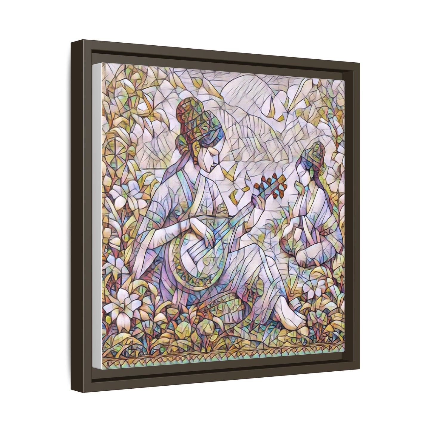 Framed Matte Canvas Art - Vintage Asian Musicians Floral Illustration