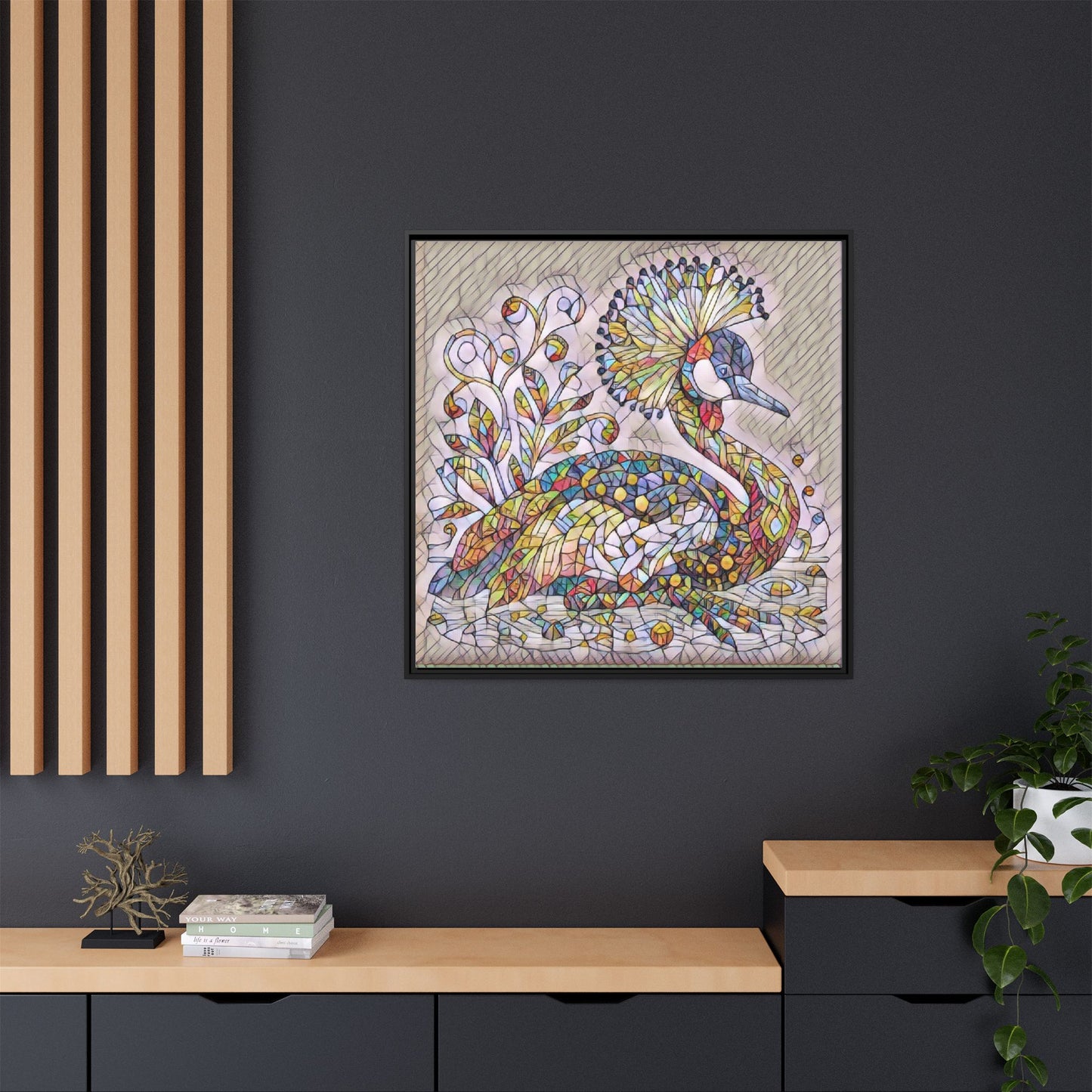Colorful Peacock Mosaic Framed Canvas Art