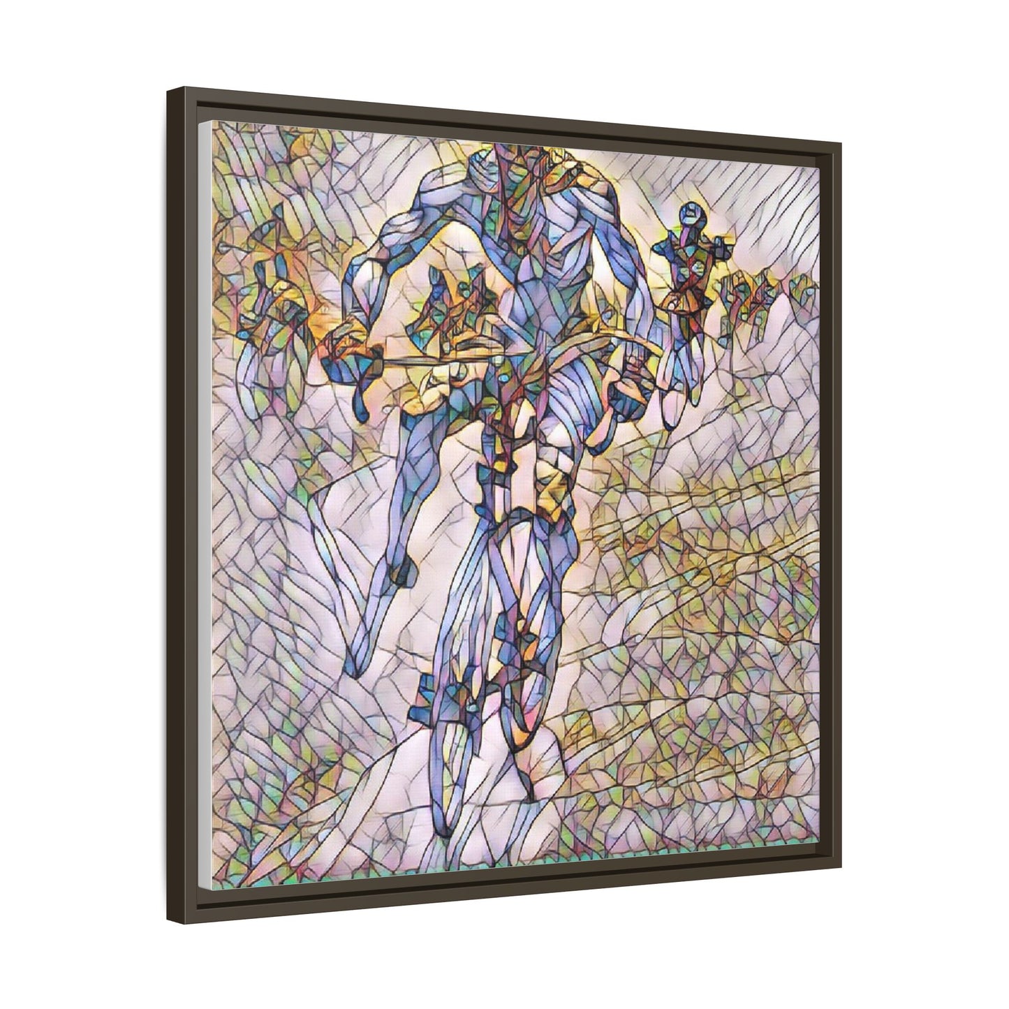 Abstract Cyclist Matte Canvas Framed Art — Colorful Stained-Glass Bike Print