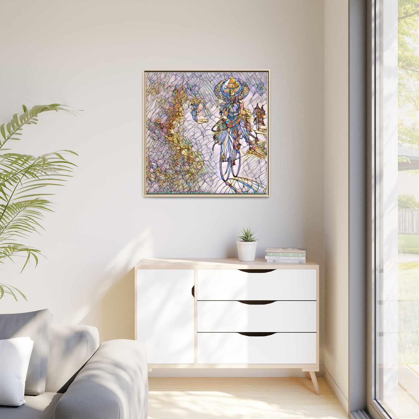 Abstract Cyclist Stained-Glass Art Print — Framed Matte Canvas