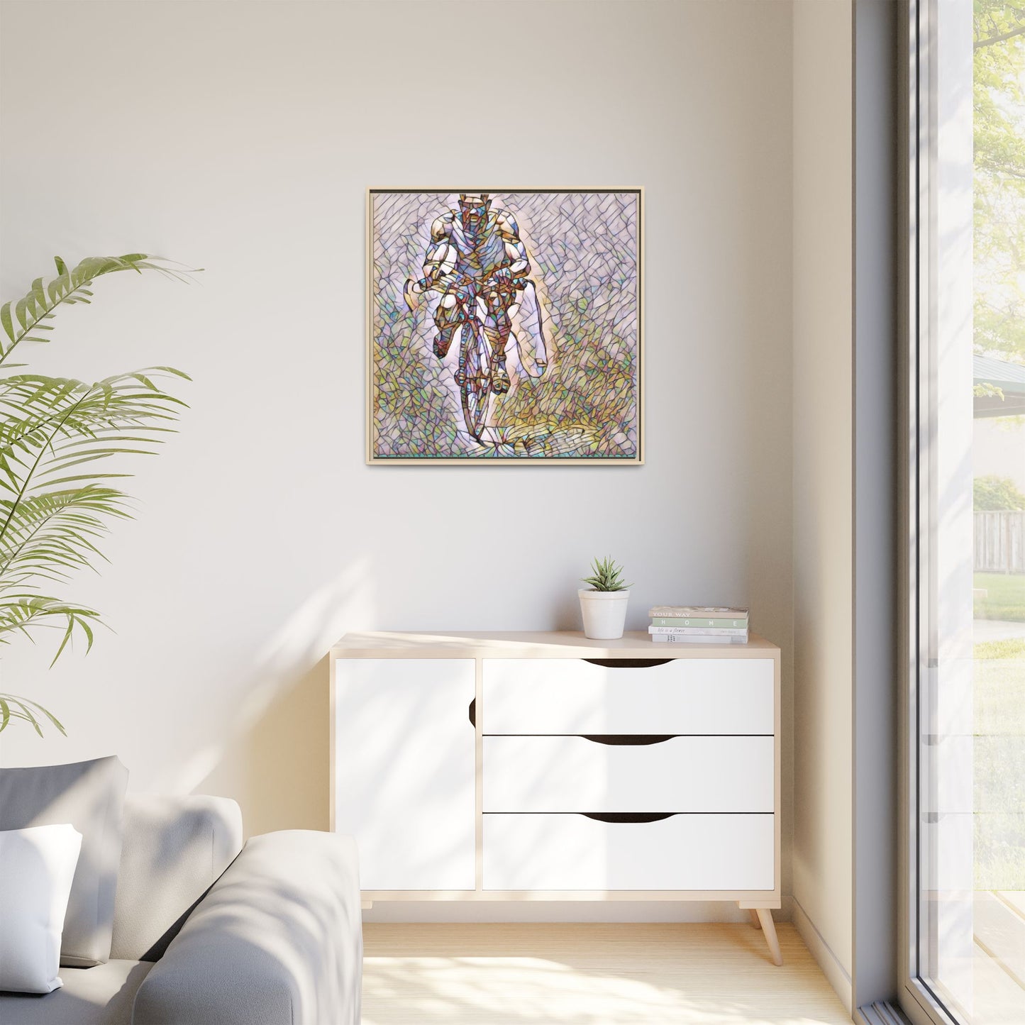 Cyclist Art Print — Framed Matte Canvas Wall Art (Multicolor Stained-Glass Style)