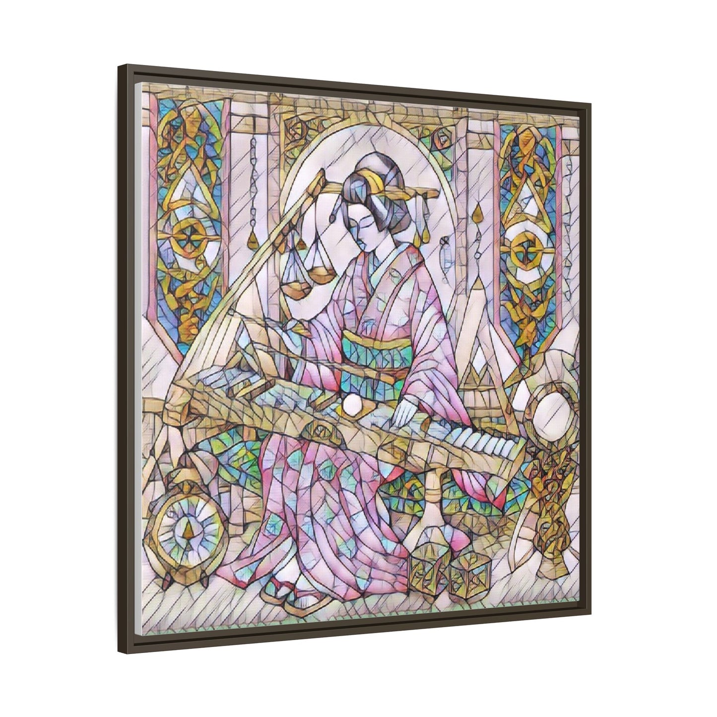 Framed Matte Canvas — Geisha Harp Stained-Glass Art Print