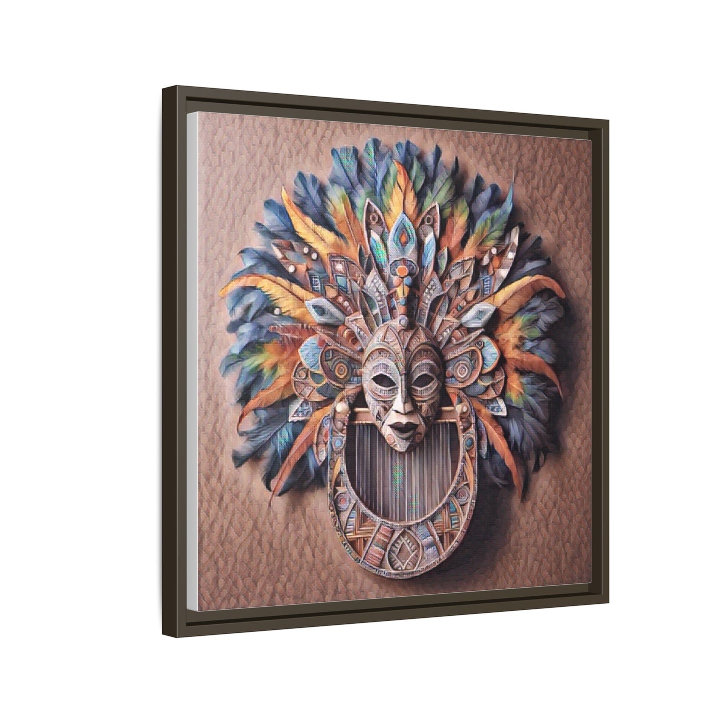 Tribal Feather Mask Framed Canvas Wall Art — Colorful Boho Decorative Print