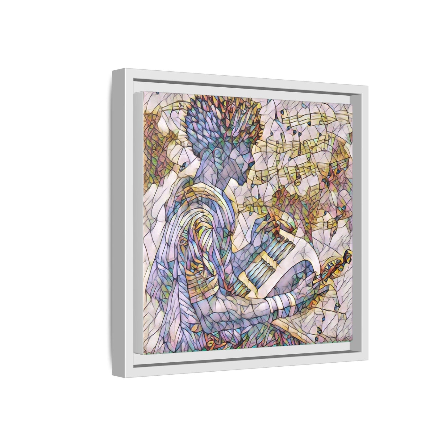 Abstract Jazz Musician Framed Canvas Art — Colorful Stained-Glass Style Wall Decor