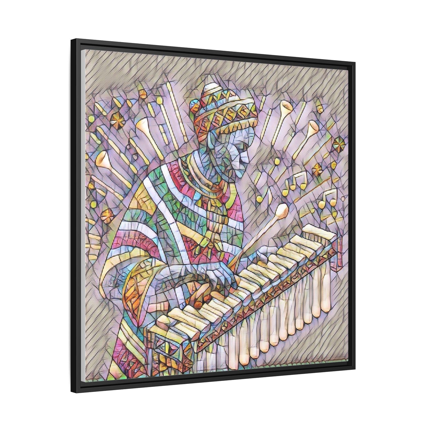 Colorful Marimba Musician Matte Framed Canvas — Vibrant African Instrument Wall Art