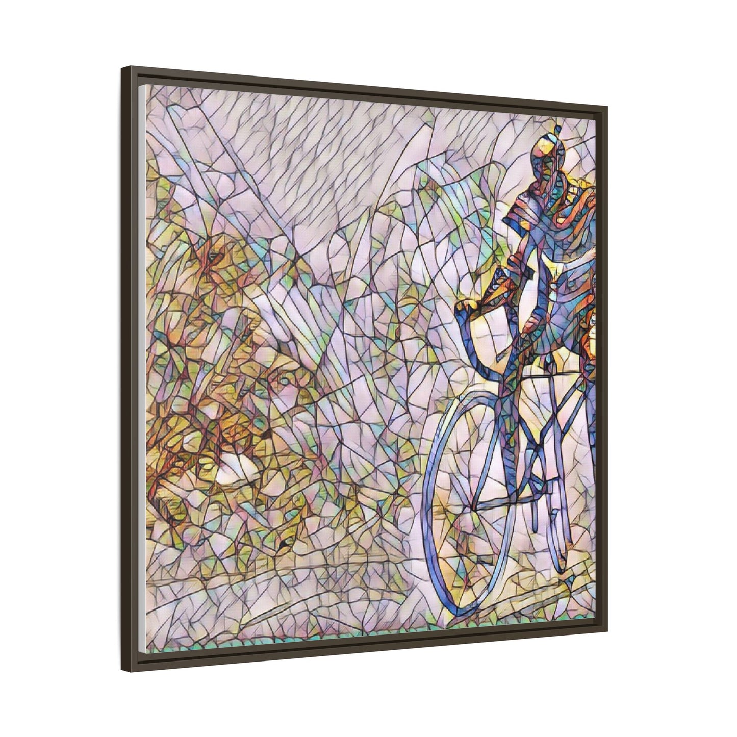 Colorful Cyclist Stained-Glass Art — Framed Matte Canvas