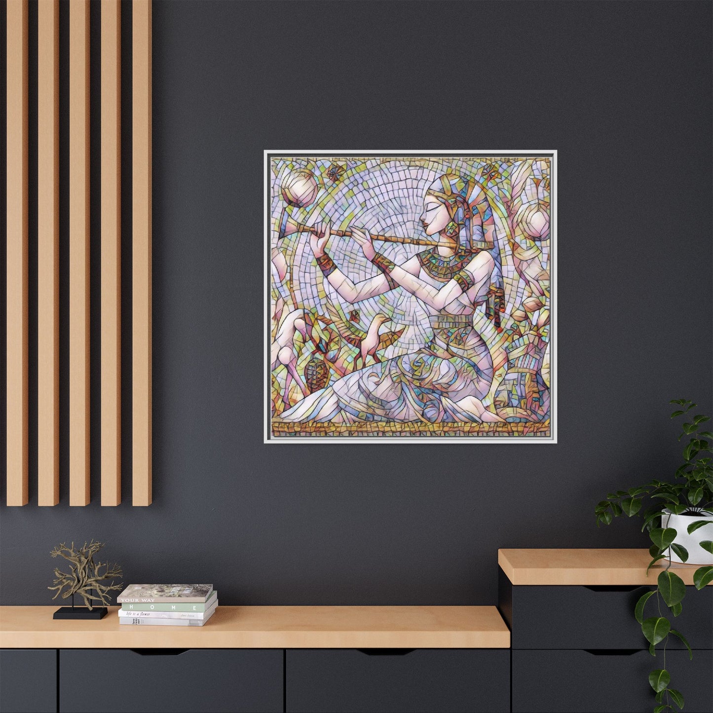 Egyptian Flute Player Framed Canvas Art — Colorful Mosaic Wall Decor