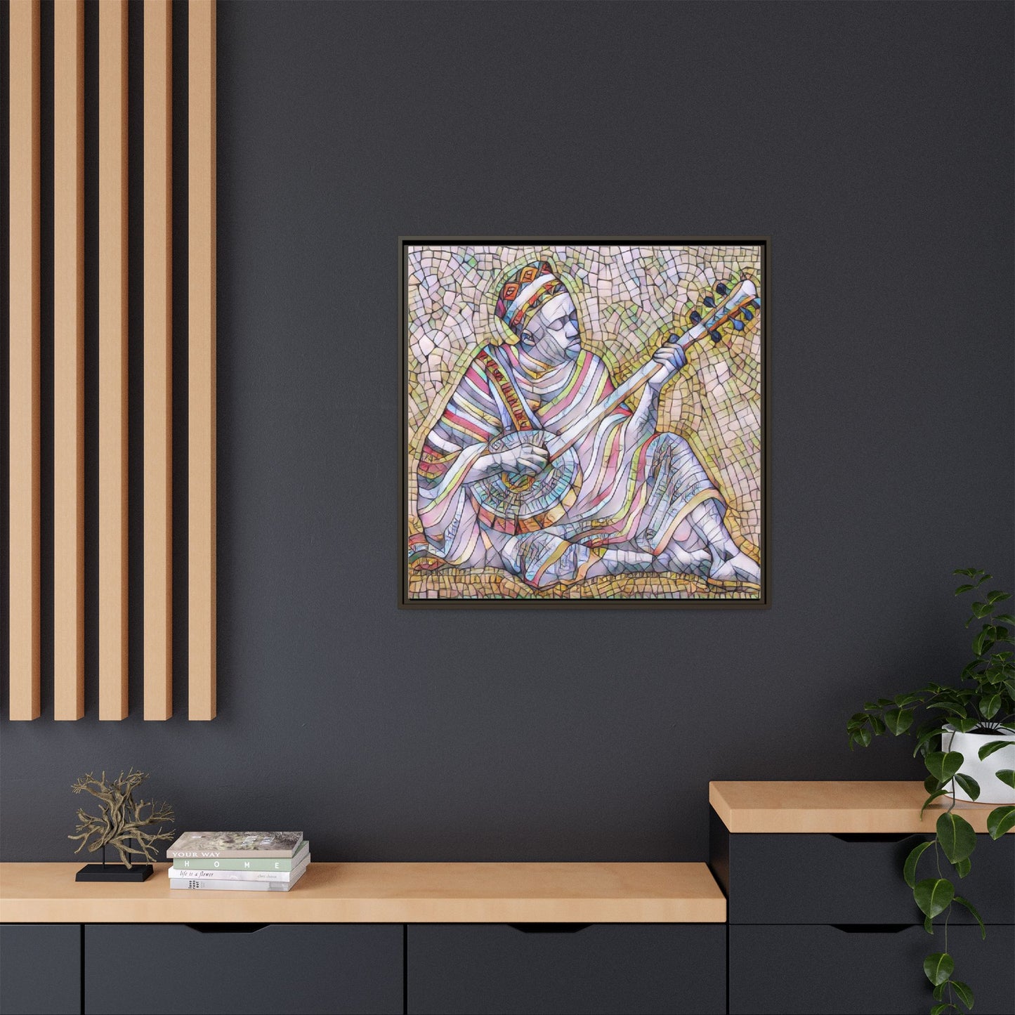 Framed Mosaic Musician Canvas – Colorful Bohemian Wall Art