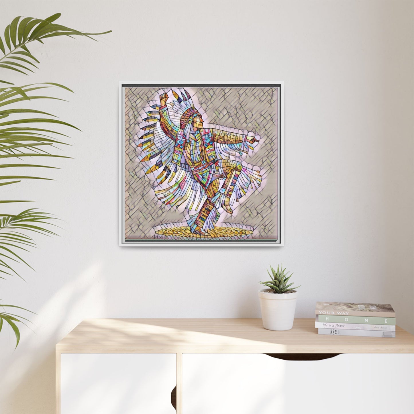 Colorful Native Dancer Framed Canvas Art — Stained Glass Style Wall Decor