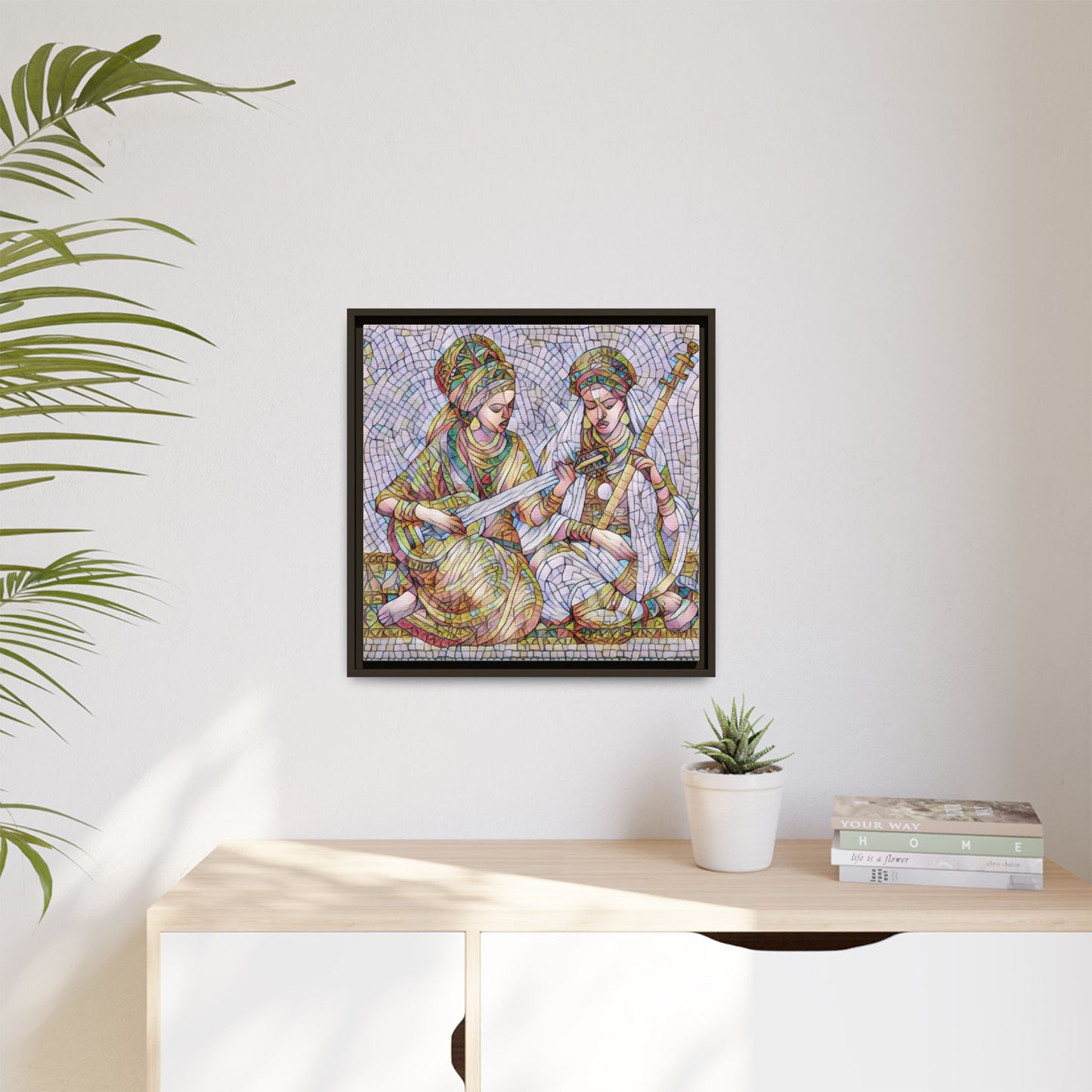 Framed Mosaic Art Print — Two Women Playing Lutes (Matte Canvas)