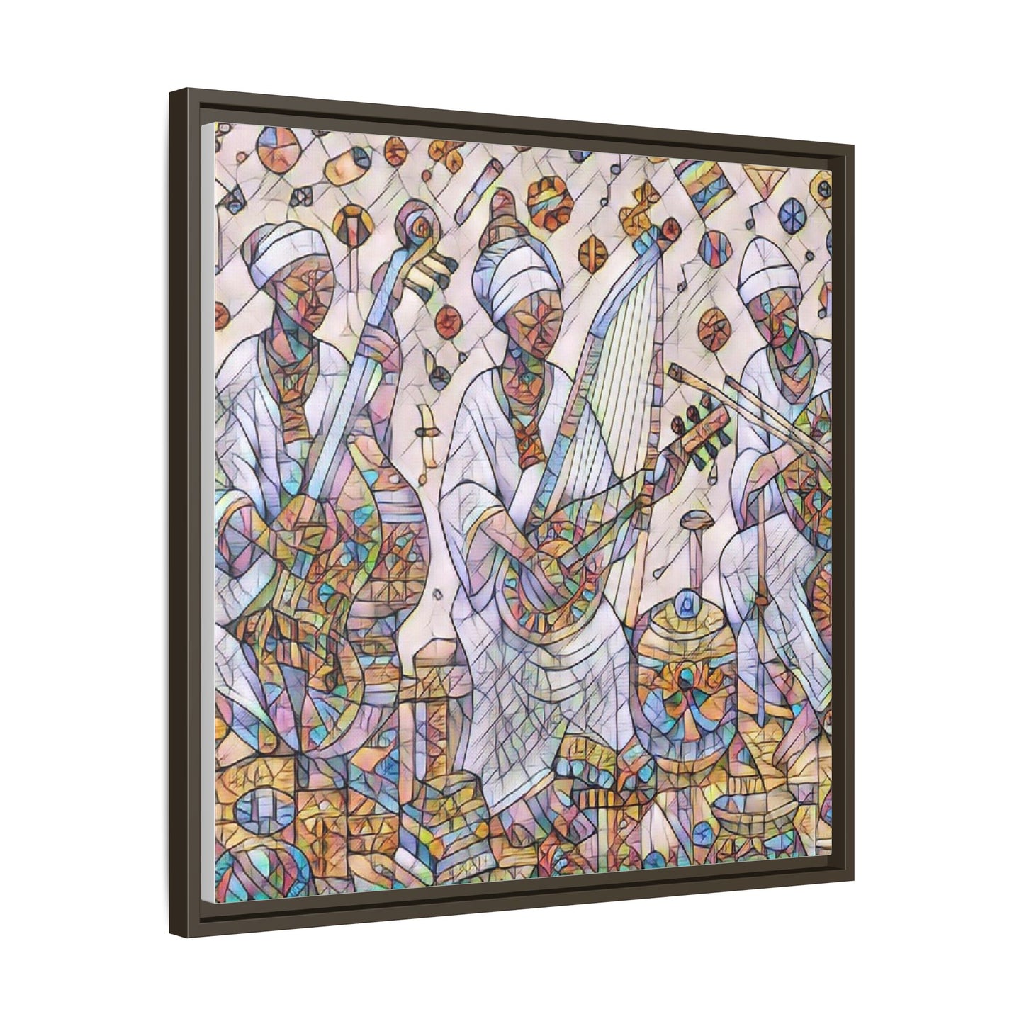 Framed Matte Canvas Print — Colorful African Musicians Stained-Glass Art