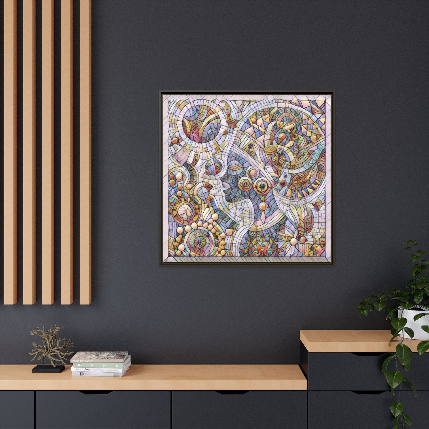 Abstract Mosaic Framed Canvas Art — Multicolor Geometric Wall Decor