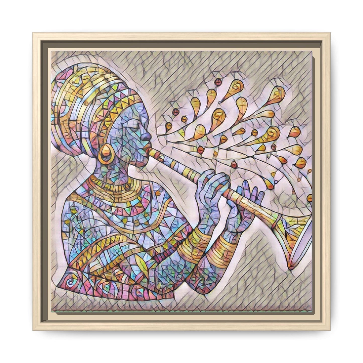 Framed Matte Canvas Art – Colorful African Musician Trumpet Print