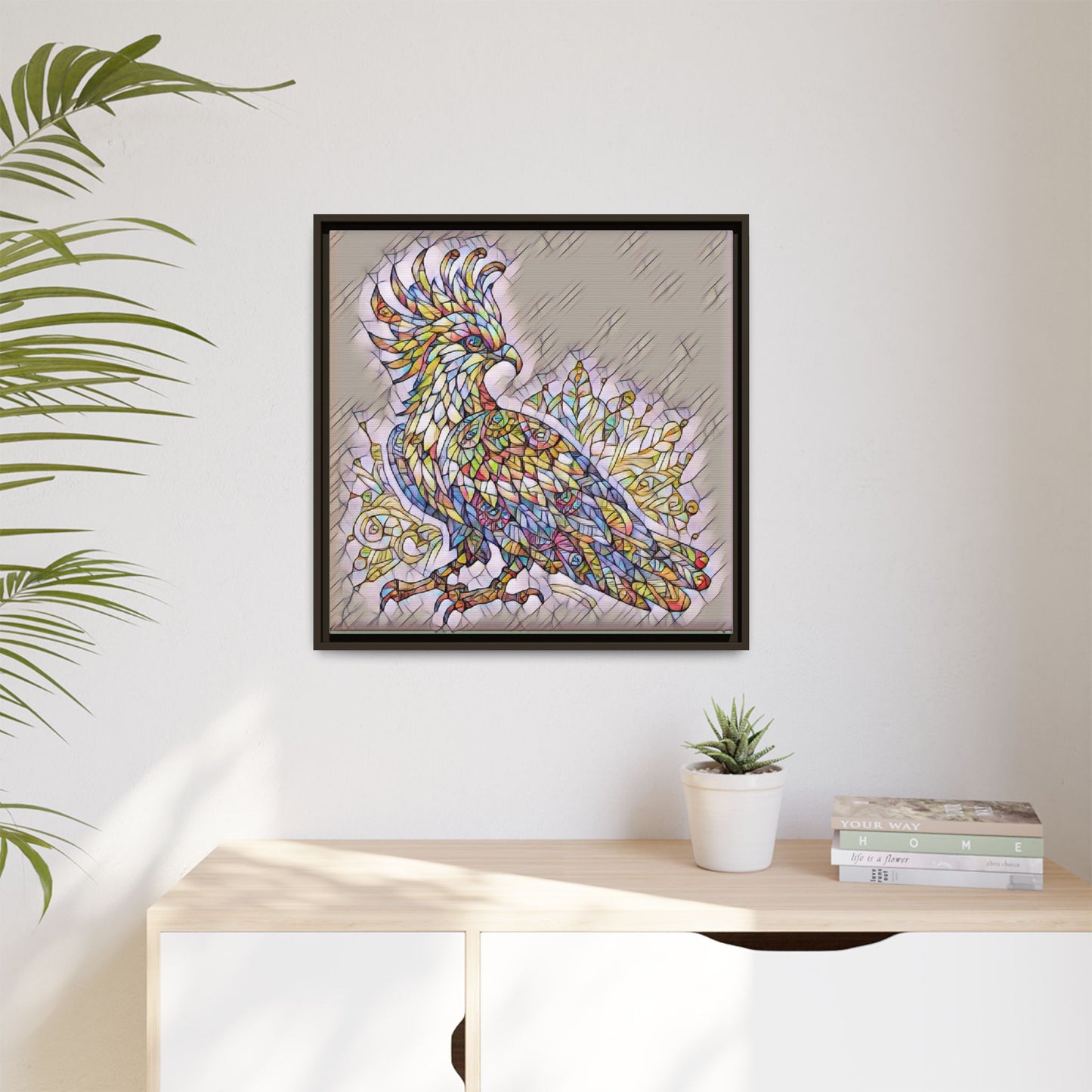 Colorful Stained-Glass Cockatoo Matte Framed Canvas