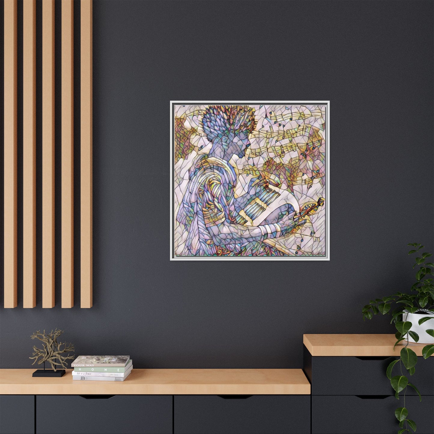 Abstract Jazz Musician Framed Canvas Art — Colorful Stained-Glass Style Wall Decor