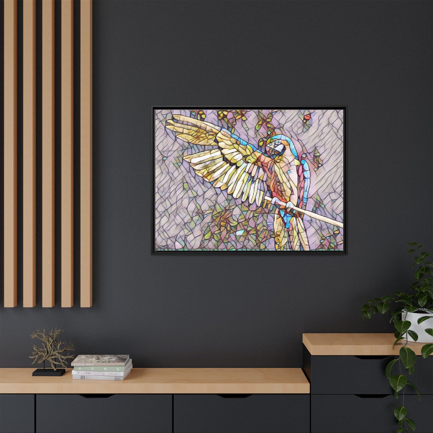 Framed Parrot Stained-Glass Art Print — Matte Canvas Wall Decor