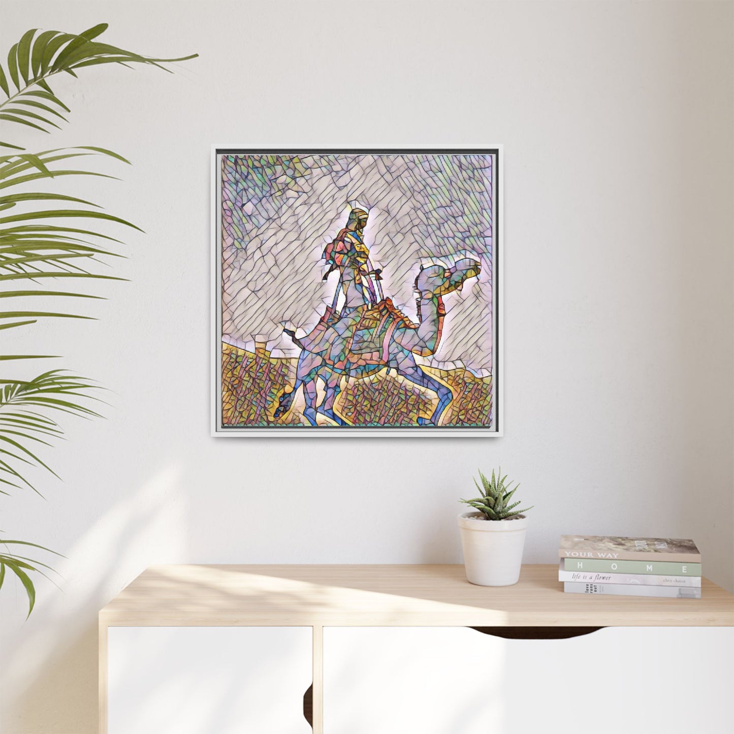 Framed Camel Rider Matte Canvas Art — Colorful Mosaic Desert Wall Decor