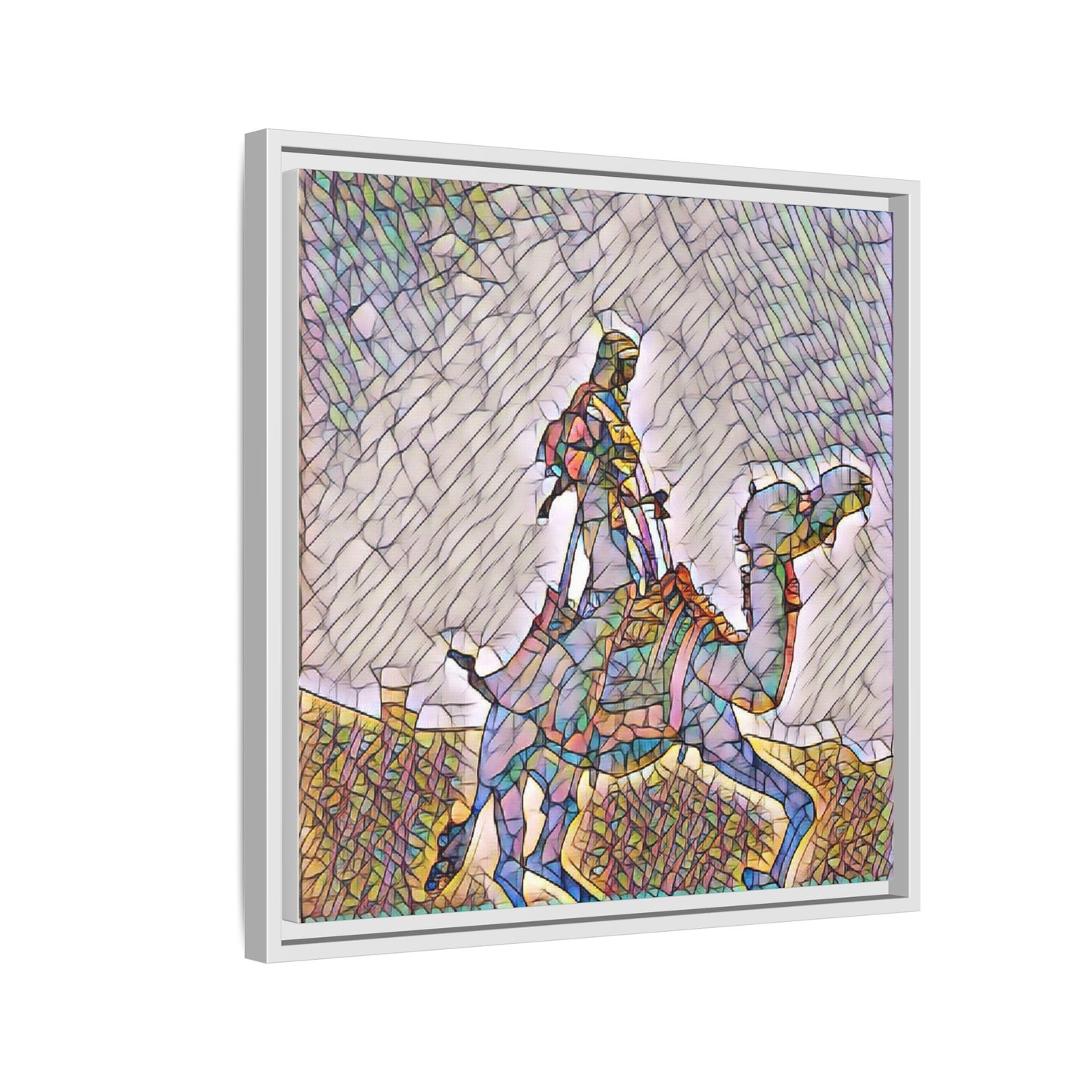 Framed Camel Rider Matte Canvas Art — Colorful Mosaic Desert Wall Decor