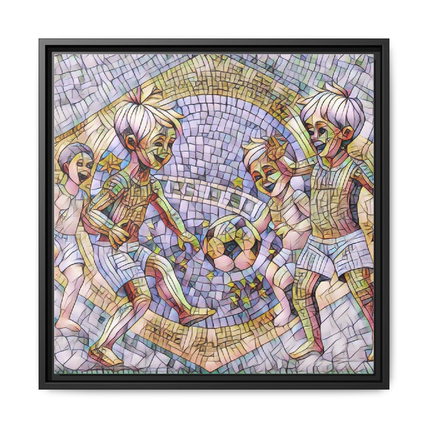 Framed Matte Canvas – Vintage Mosaic Kids Playing Soccer Art