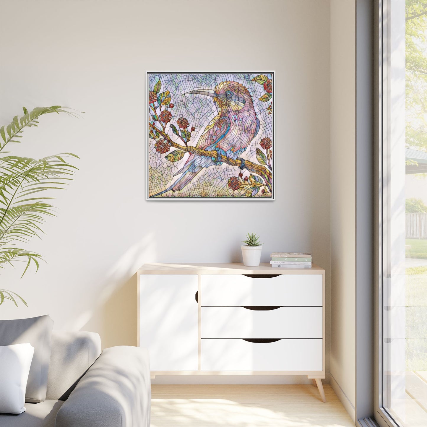 Framed Mosaic Bird Art Print — Colorful Kookaburra Wall Canvas