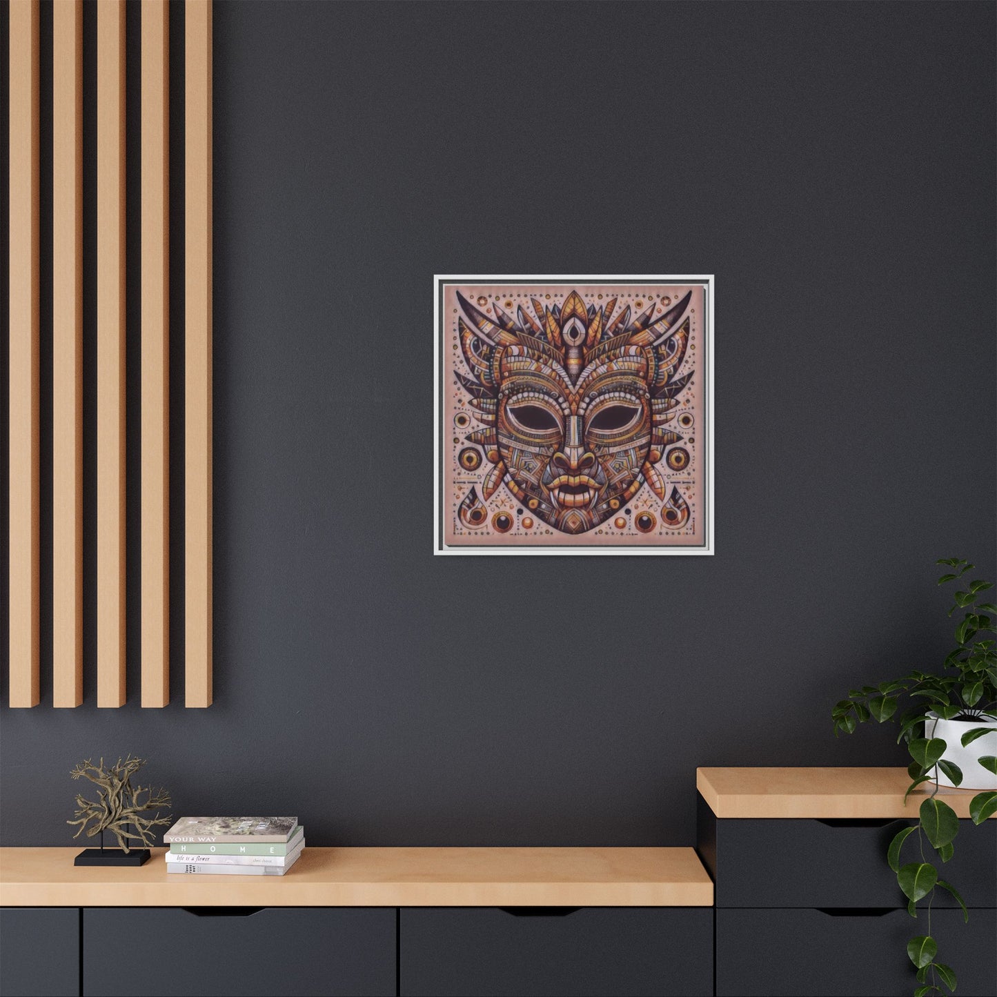 Tribal Mask Framed Canvas Art — Multicolor Matte Wall Decor