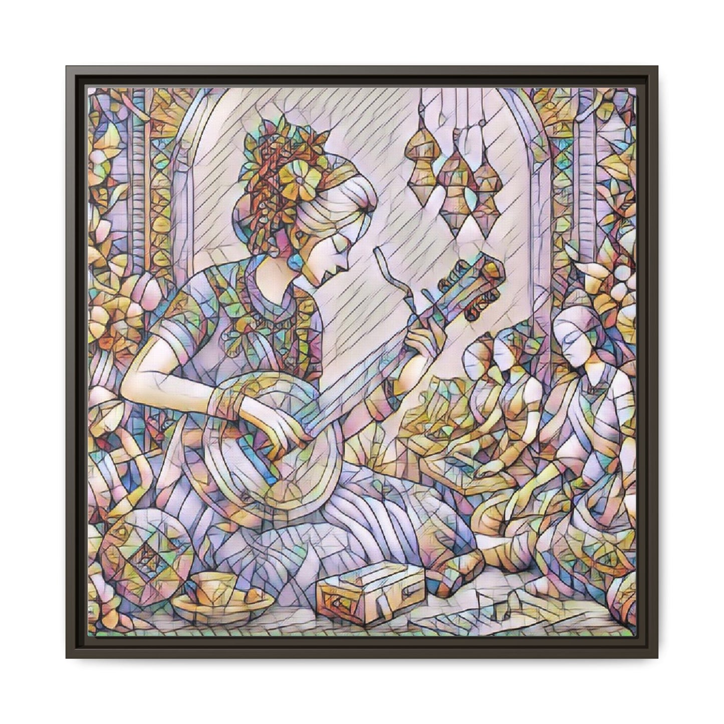 Framed Matte Canvas: Bohemian Woman Playing Lute — Stained-Glass Style Wall Art